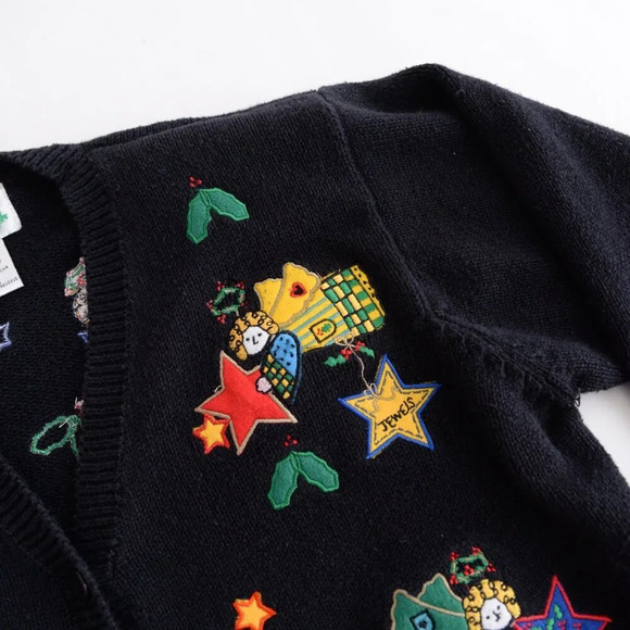 Vintage The Quacker Factory Black Embroidered Angels Cardigan Knit  Sweater M - Picture 10 of 12